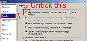 disable auto start msn, disable auto start window live messenger, window live messenger