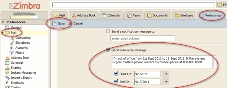 zimbra auto responder, zimbra out of office message